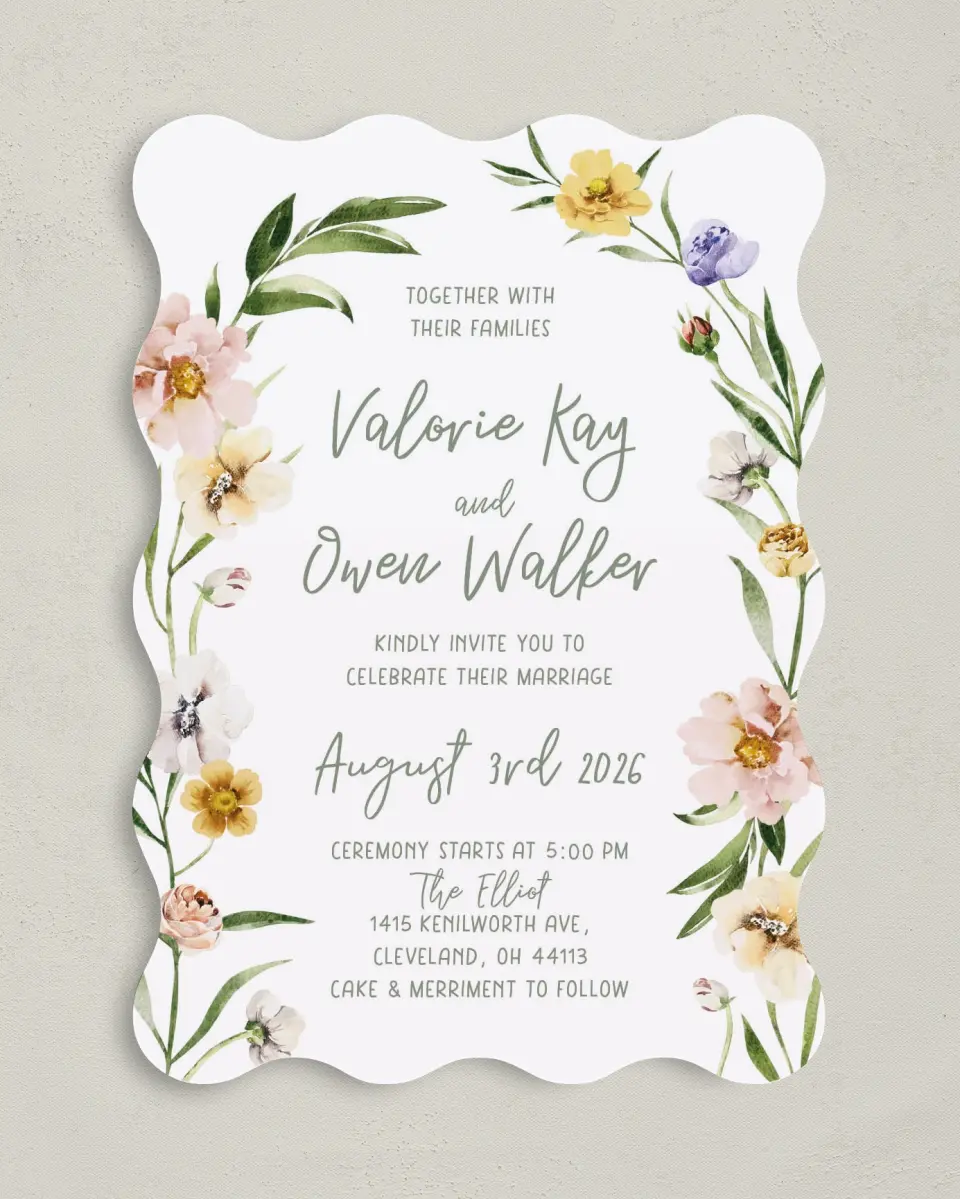 This is a 5" x 7" Wavy Wedding Invitation called Hopeful Floral printed in full color on Premium Smooth paper