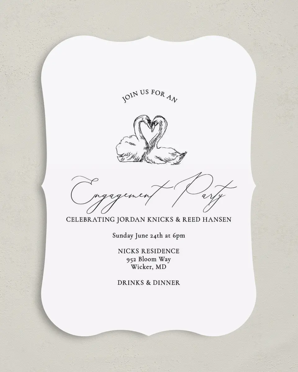 This is a 5" x 7" Engagement Party Invitation called Stunning Swans printed in full color on Premium Smooth paper