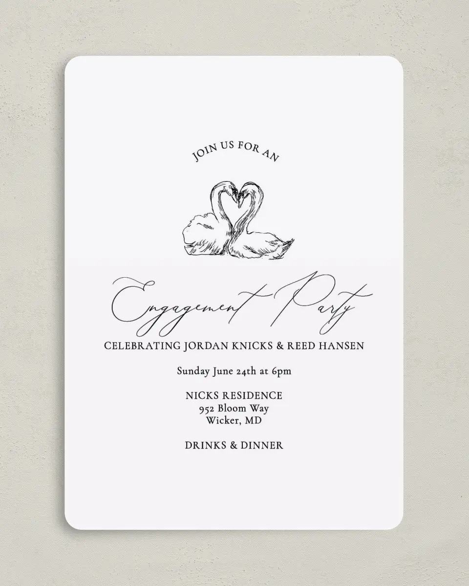 This is a 5" x 7" Engagement Party Invitation called Stunning Swans printed in full color on Premium Smooth paper