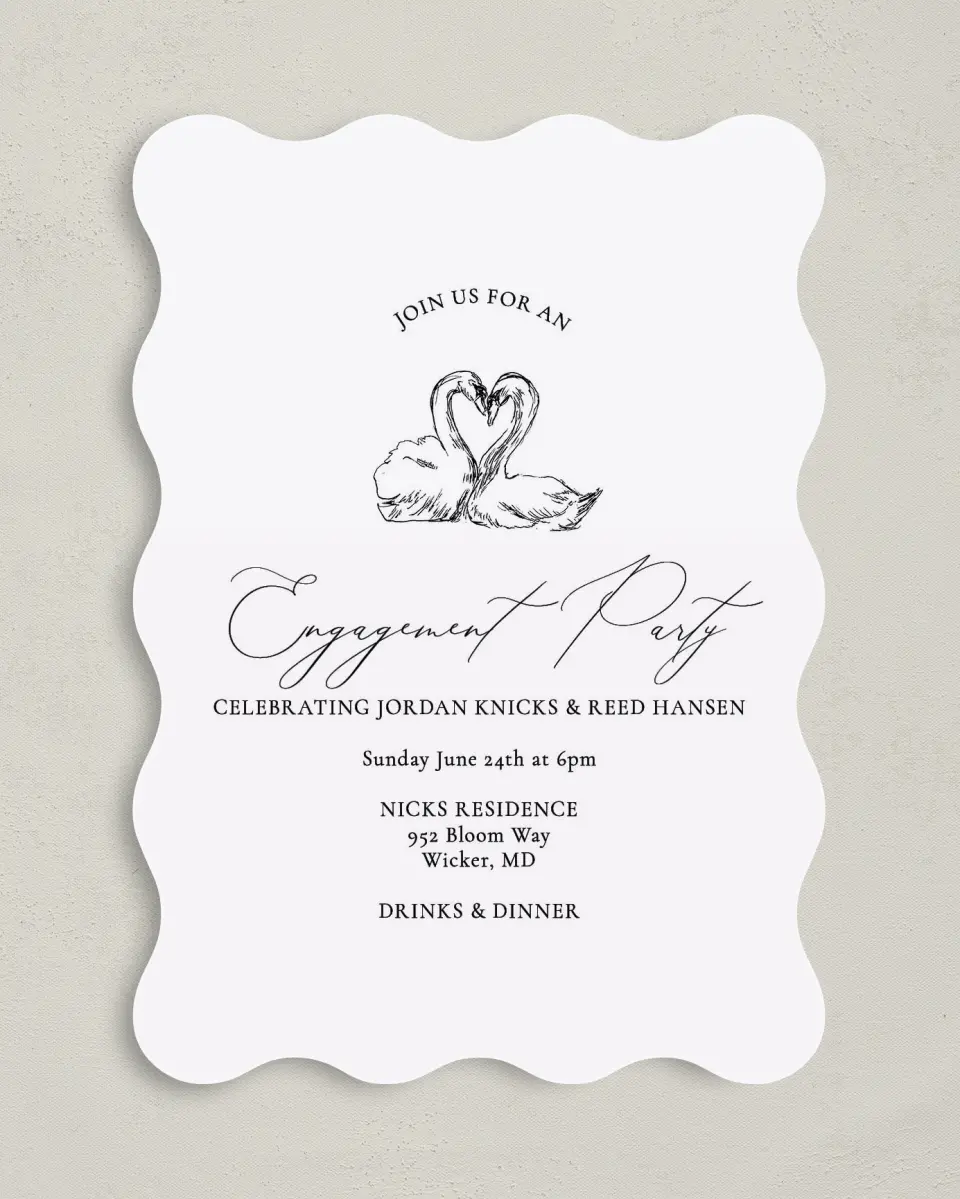 This is a 5" x 7" Wavy Wedding Invitation called Stunning Swans printed in full color on Premium Smooth paper