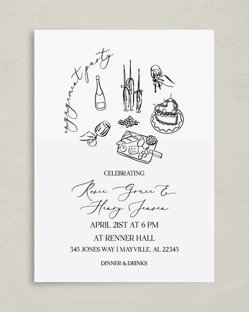This is a 5" x 7" Engagement Party Invitation called Stay a While printed in full color on Premium Smooth paper