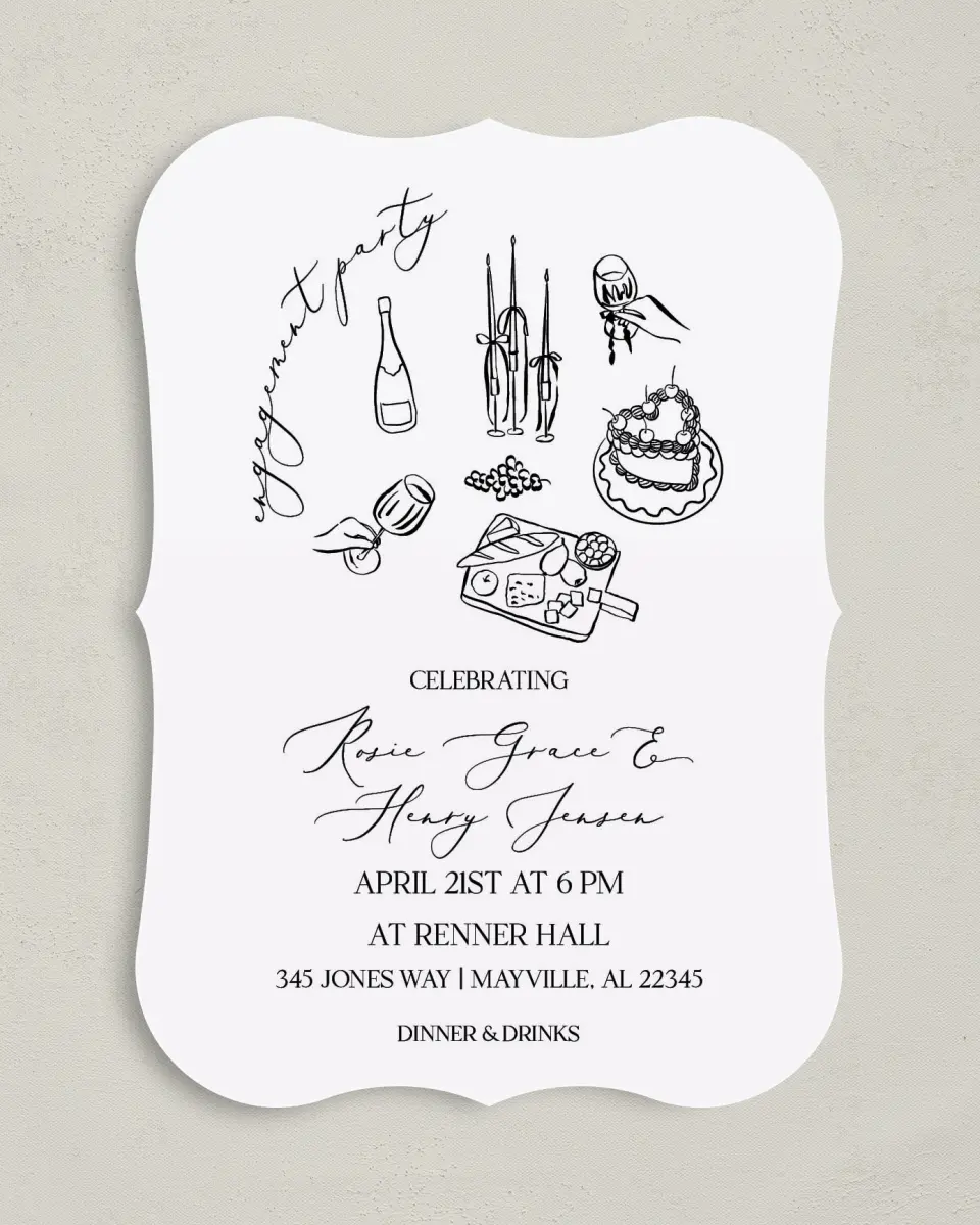 This is a 5" x 7" Engagement Party Invitation called Stay a While printed in full color on Premium Smooth paper