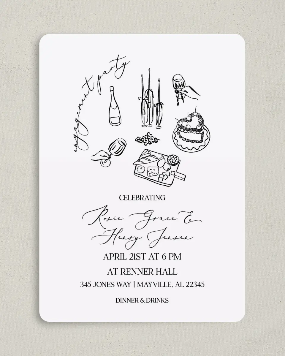 This is a 5" x 7" Engagement Party Invitation called Stay a While printed in full color with Rose Gold foil on Luxe Satin (coated) paper