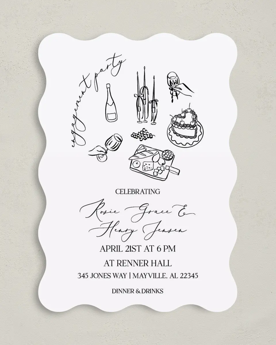 This is a 5" x 7" Wavy Wedding Invitation called Stay a While printed in full color on Premium Smooth paper