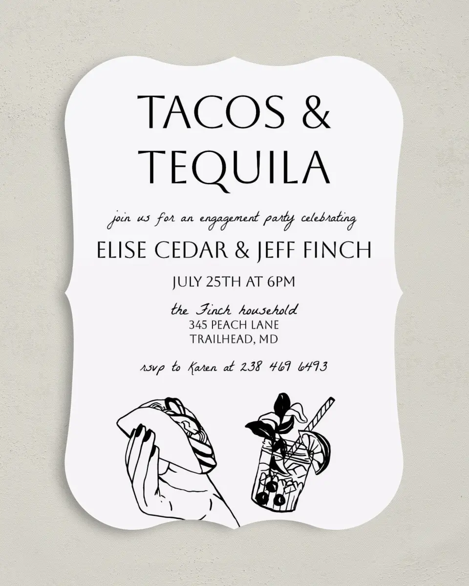 This is a 5" x 7" Engagement Party Invitation called Click Your Drink printed in full color with Silver foil on Luxe Satin (coated) paper