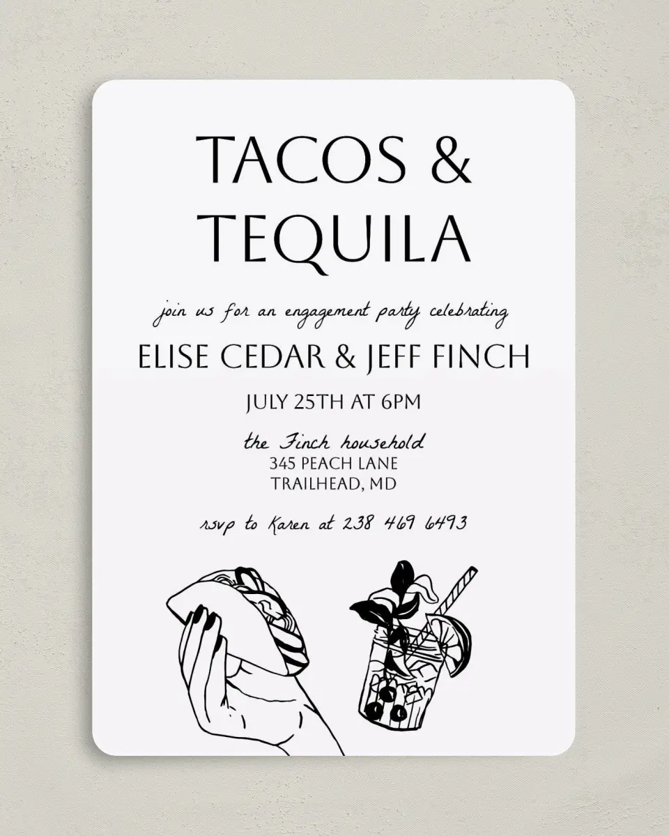 This is a 5" x 7" Engagement Party Invitation called Click Your Drink printed in full color on Premium Smooth paper