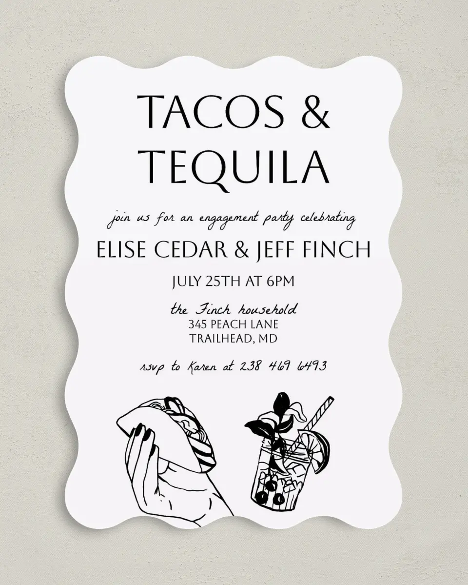 This is a 5" x 7" Wavy Wedding Invitation called Click Your Drink printed in full color on Premium Smooth paper