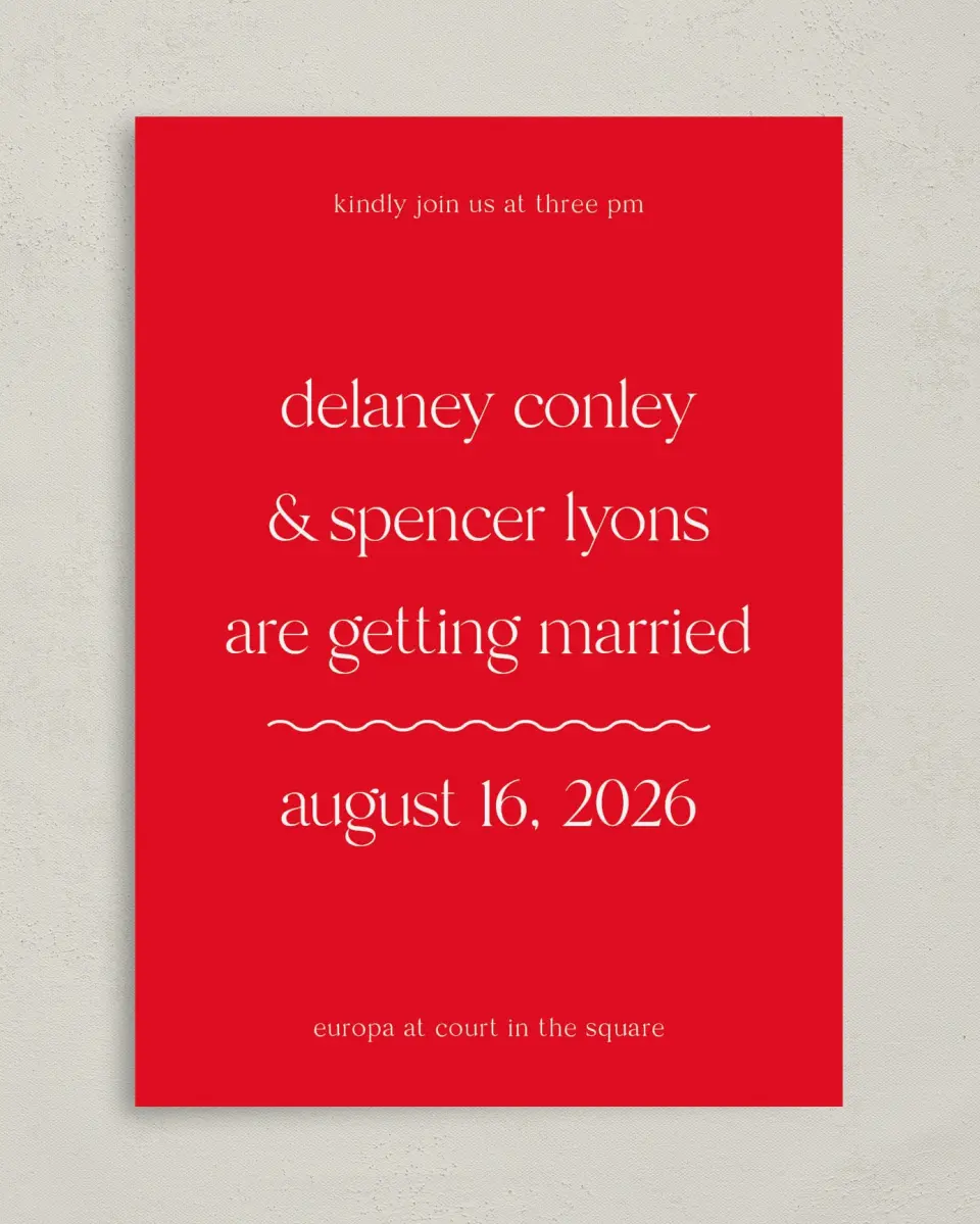 This is a 5" x 7" Classic Wedding Invitation called The Delaney printed in full color on Premium Smooth paper