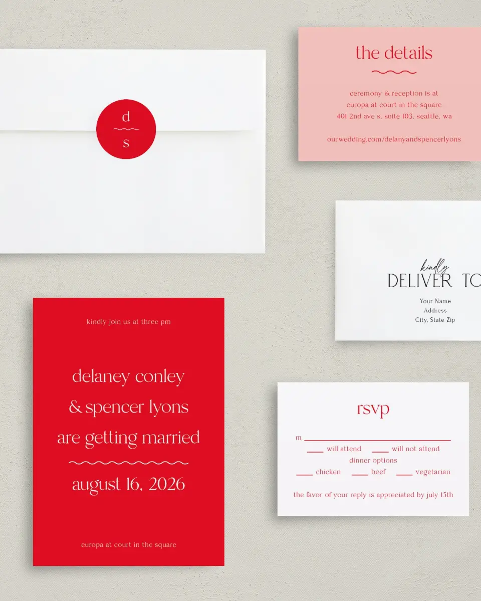 This is a 5" x 7" Classic Wedding Invitation called The Delaney printed in full color with Gold foil on Luxe Satin (coated) paper