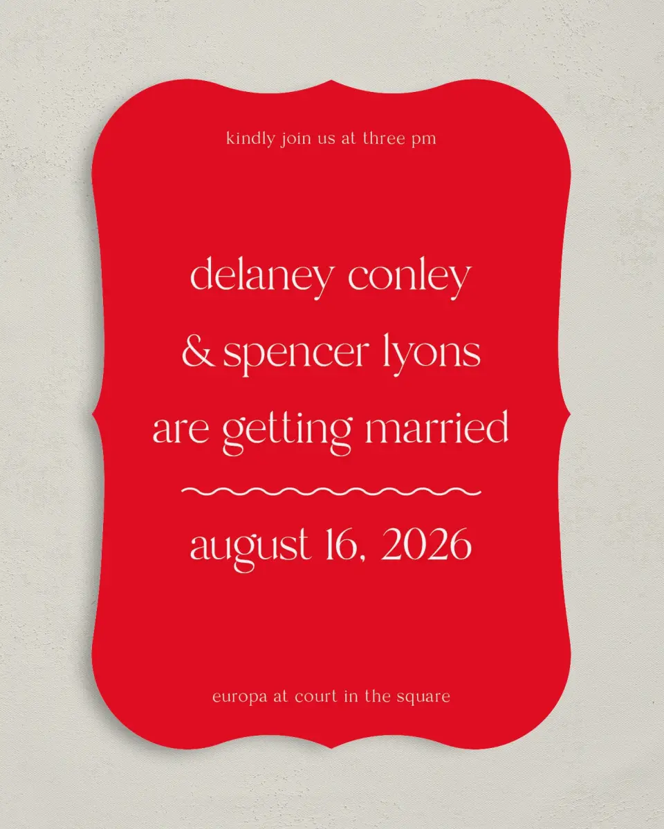 This is a 5" x 7" Bracket Wedding Invitation called The Delaney printed in full color on Premium Smooth paper