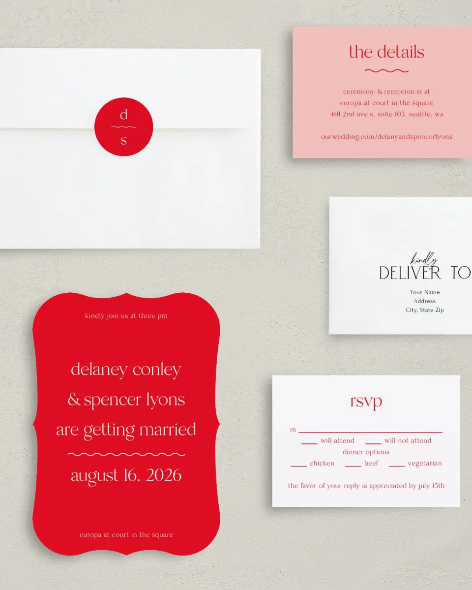 This is a 5" x 7" Bracket Wedding Invitation called The Delaney printed in full color with Silver foil on Luxe Satin (coated) paper