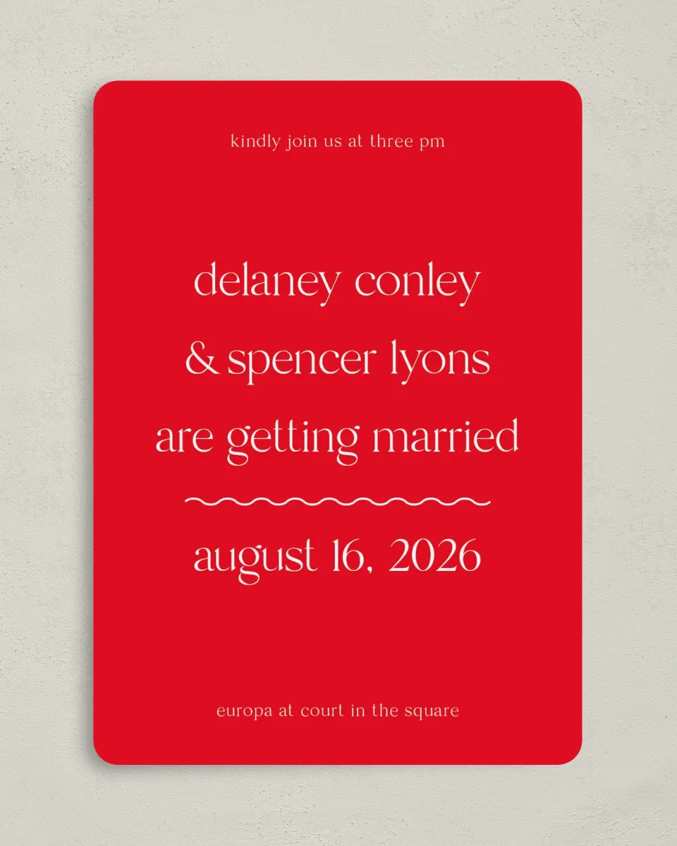 This is a 5" x 7" Rounded Wedding Invitation called The Delaney printed in full color on Premium Smooth paper