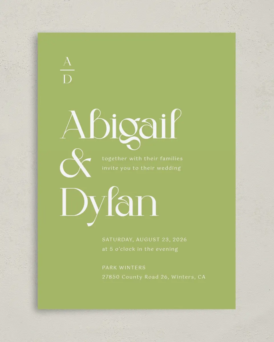 This is a 5" x 7" Classic Wedding Invitation called The Abigail printed in full color on Premium Smooth paper