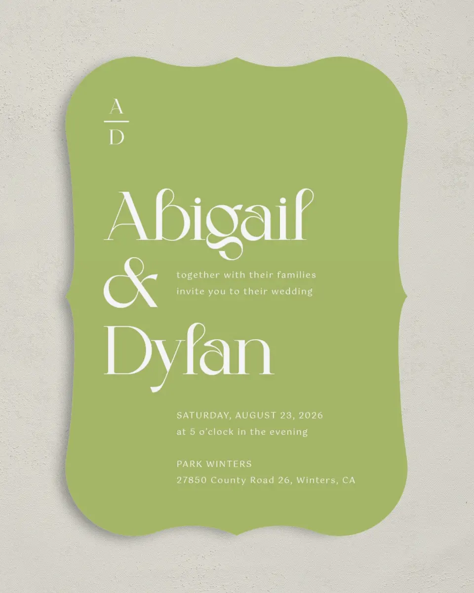 This is a 5" x 7" Bracket Wedding Invitation called The Abigail printed in full color on Premium Smooth paper