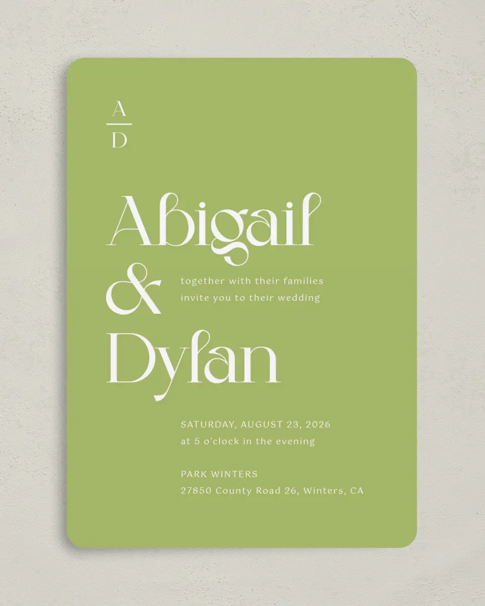 This is a 5" x 7" Rounded Wedding Invitation called The Abigail printed in full color on Premium Smooth paper