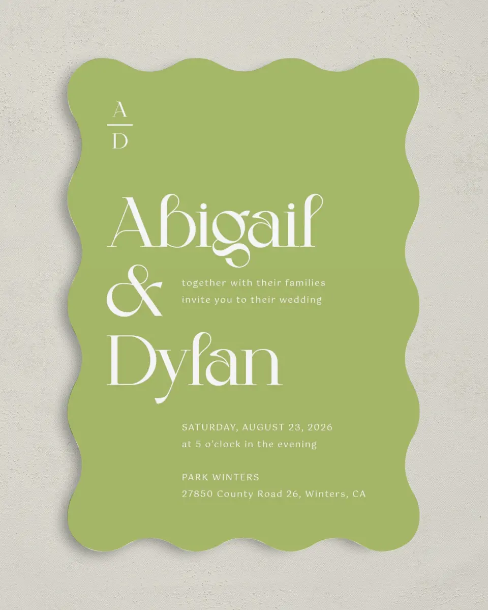 This is a 5" x 7" Wavy Wedding Invitation called The Abigail printed in full color on Premium Smooth paper