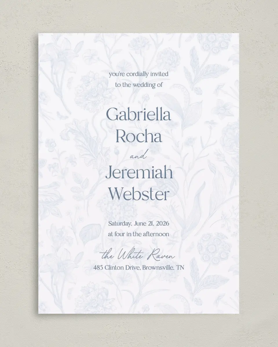 This is a 5" x 7" Classic Wedding Invitation called The Gabriella printed in full color on Premium Smooth paper