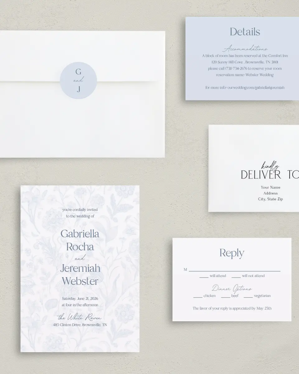 This is a 5" x 7" Classic Wedding Invitation called The Gabriella printed in full color with Rose Gold foil on Luxe Satin (coated) paper