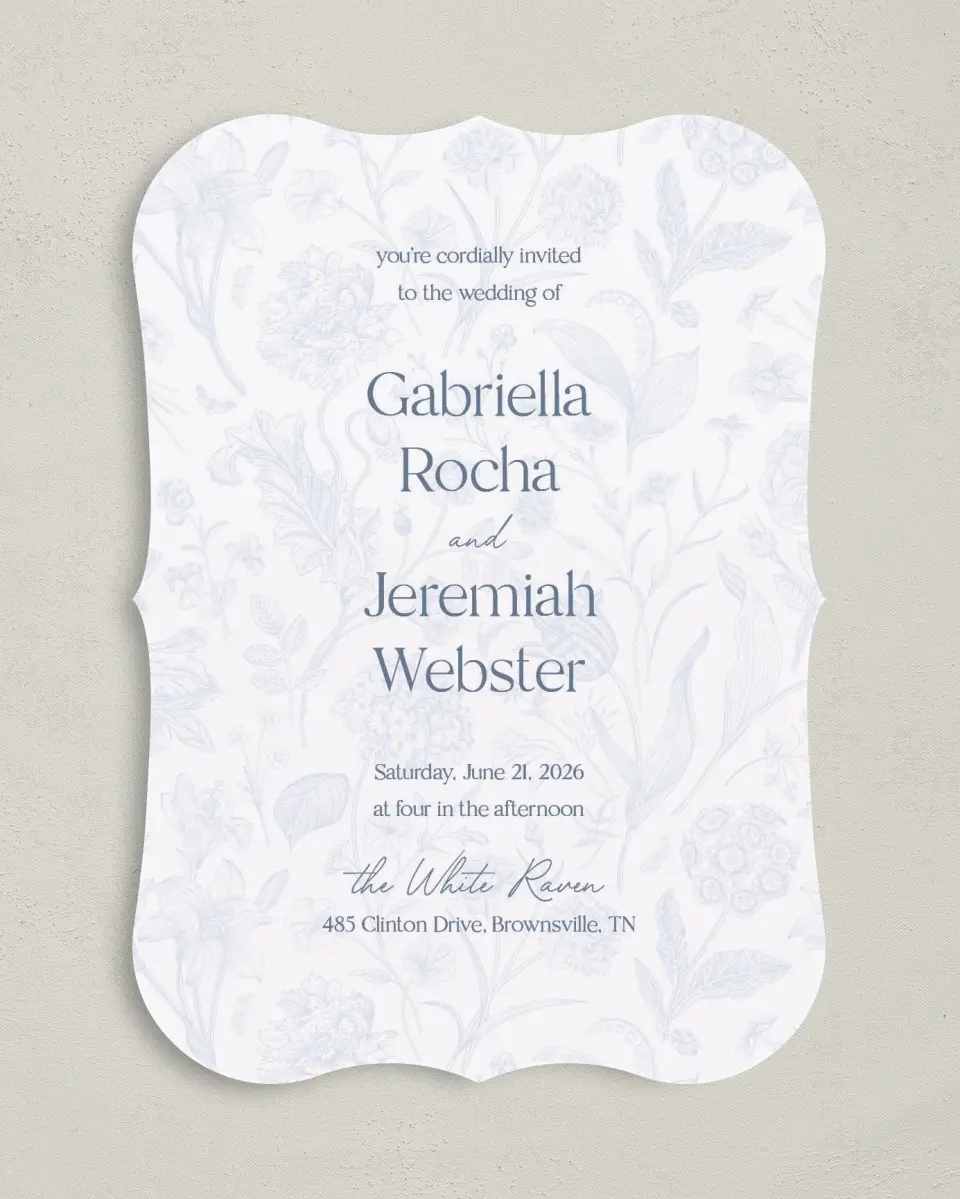 This is a 5" x 7" Bracket Wedding Invitation called The Gabriella printed in full color on Premium Smooth paper