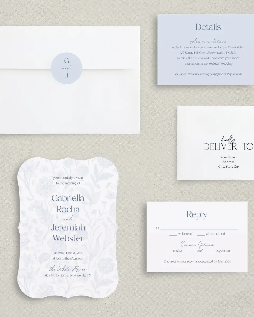 This is a 5" x 7" Bracket Wedding Invitation called The Gabriella printed in full color with Silver foil on Luxe Satin (coated) paper