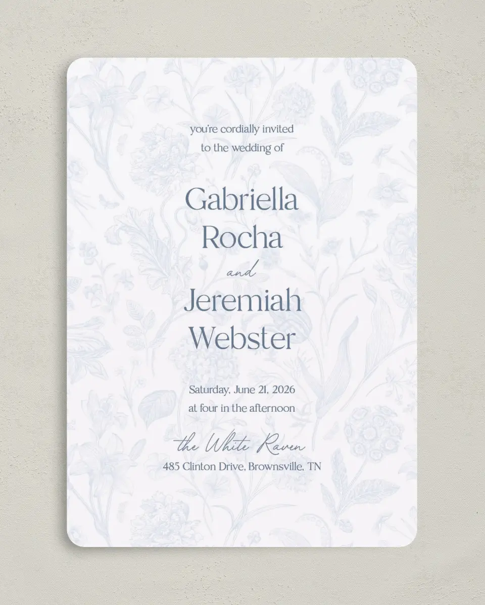 This is a 5" x 7" Rounded Wedding Invitation called The Gabriella printed in full color on Premium Smooth paper