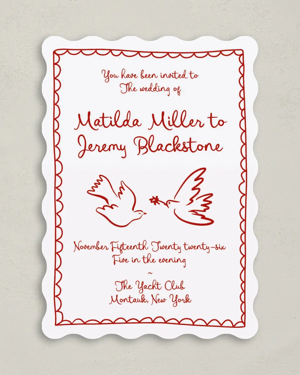 This is a 5" x 7" Wavy Wedding Invitation called Love Birds printed in full color on Premium Smooth paper