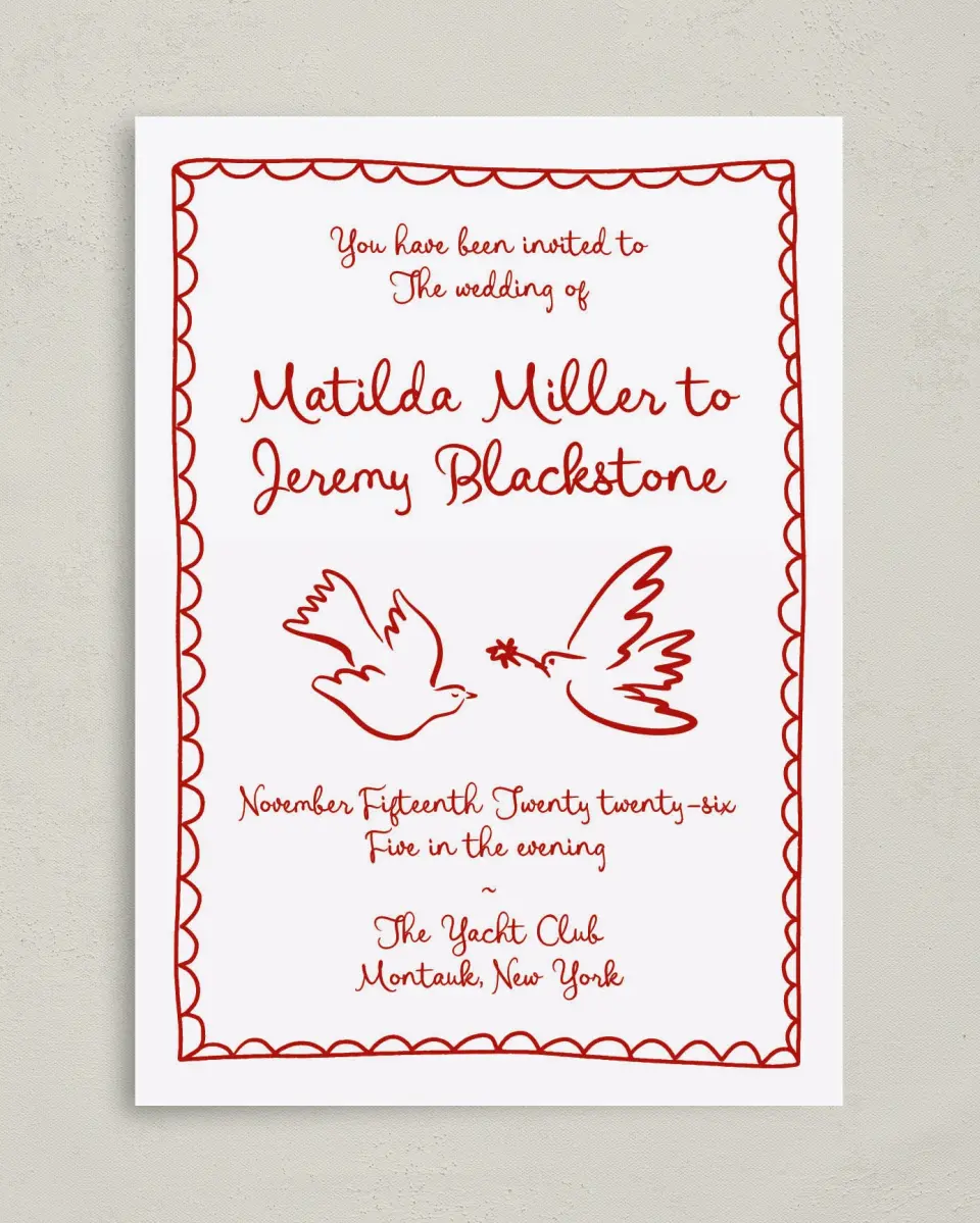 This is a 5" x 7" Classic Wedding Invitation called Love Birds printed in full color on Premium Smooth paper