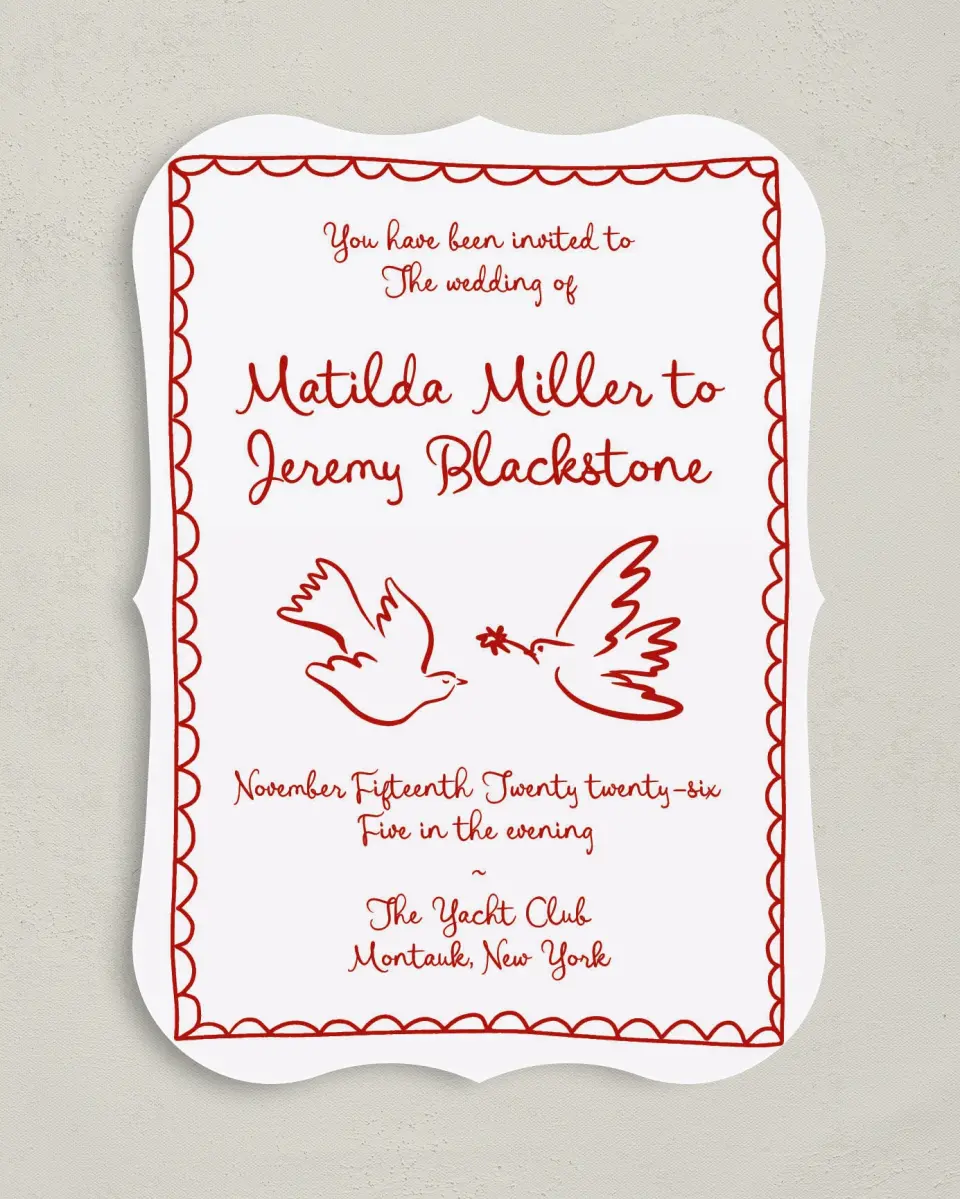 This is a 5" x 7" Bracket Wedding Invitation called Love Birds printed in full color with Silver foil on Luxe Satin (coated) paper
