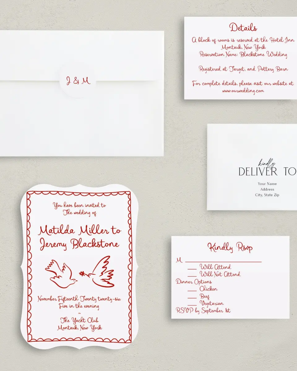This is a 5" x 7" Bracket Wedding Invitation called Love Birds printed in full color with Silver foil on Luxe Satin (coated) paper