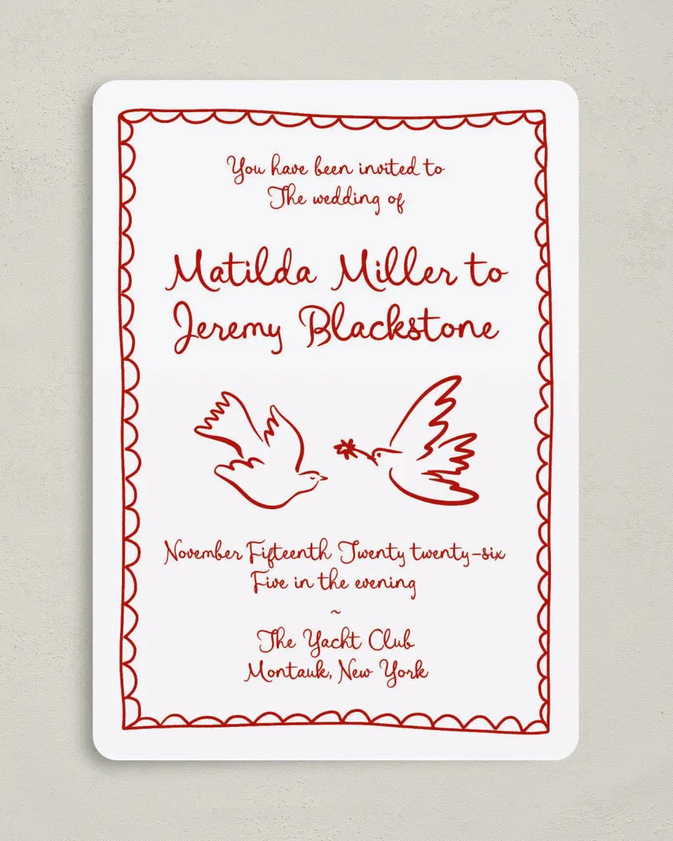 This is a 5" x 7" Rounded Wedding Invitation called Love Birds printed in full color on Premium Smooth paper