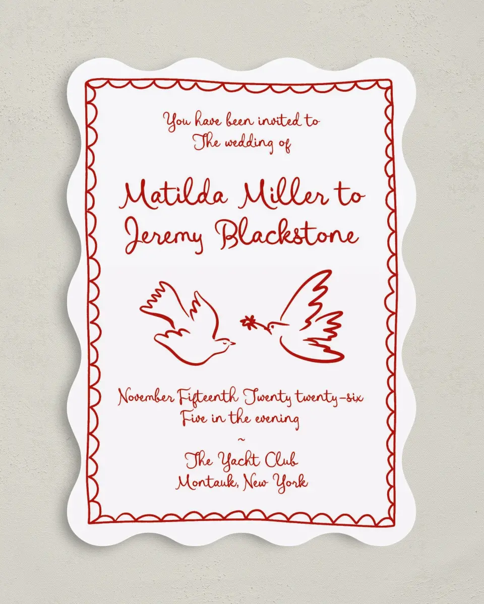 This is a 5" x 7" Wavy Wedding Invitation called Love Birds printed in full color on Premium Smooth paper