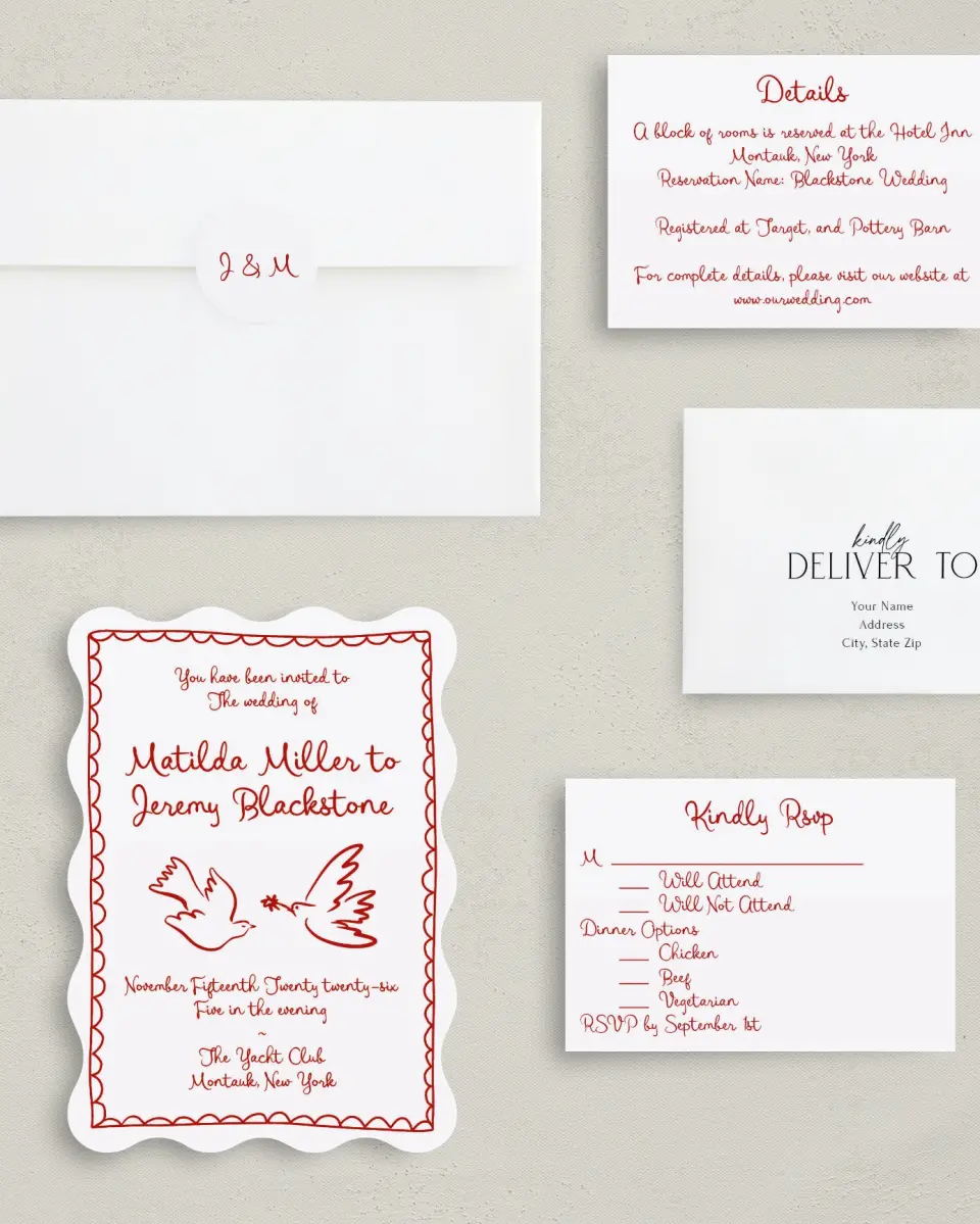 This is a 5" x 7" Wavy Wedding Invitation called Love Birds printed in full color with Silver foil on Luxe Satin (coated) paper