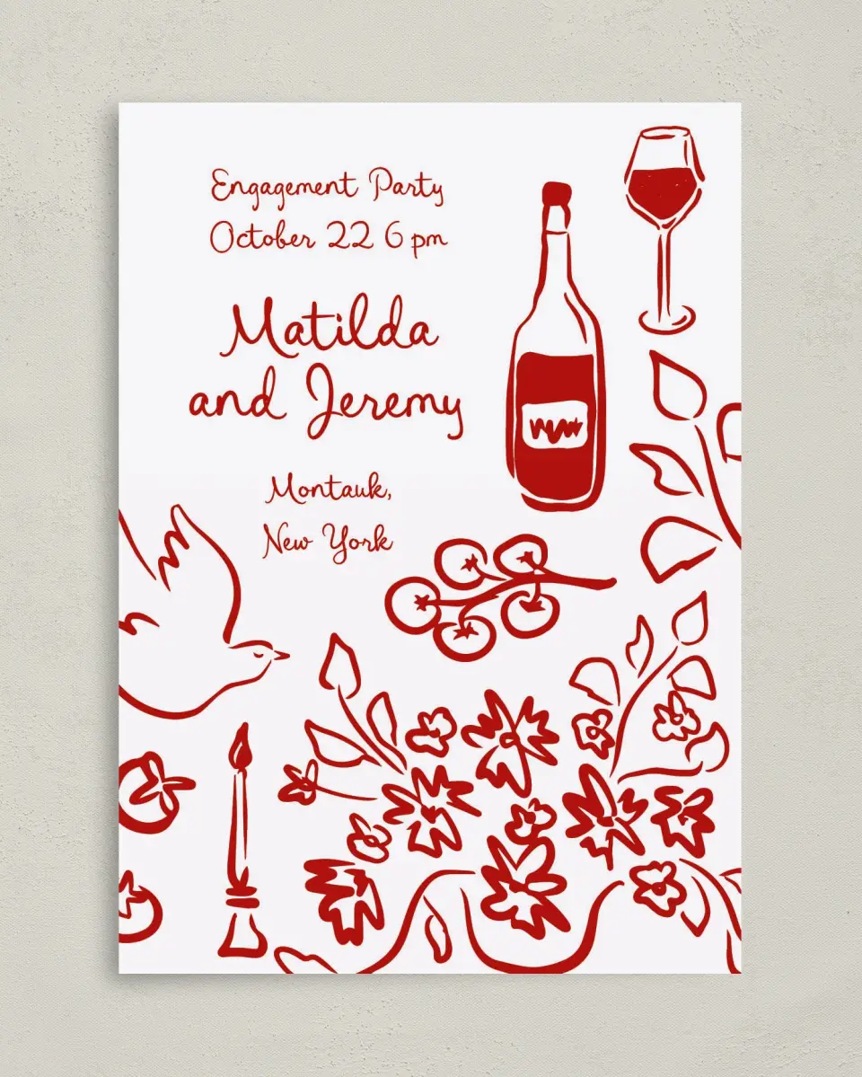This is a 5" x 7" Engagement Party Invitation called Love Birds printed in full color on Premium Smooth paper
