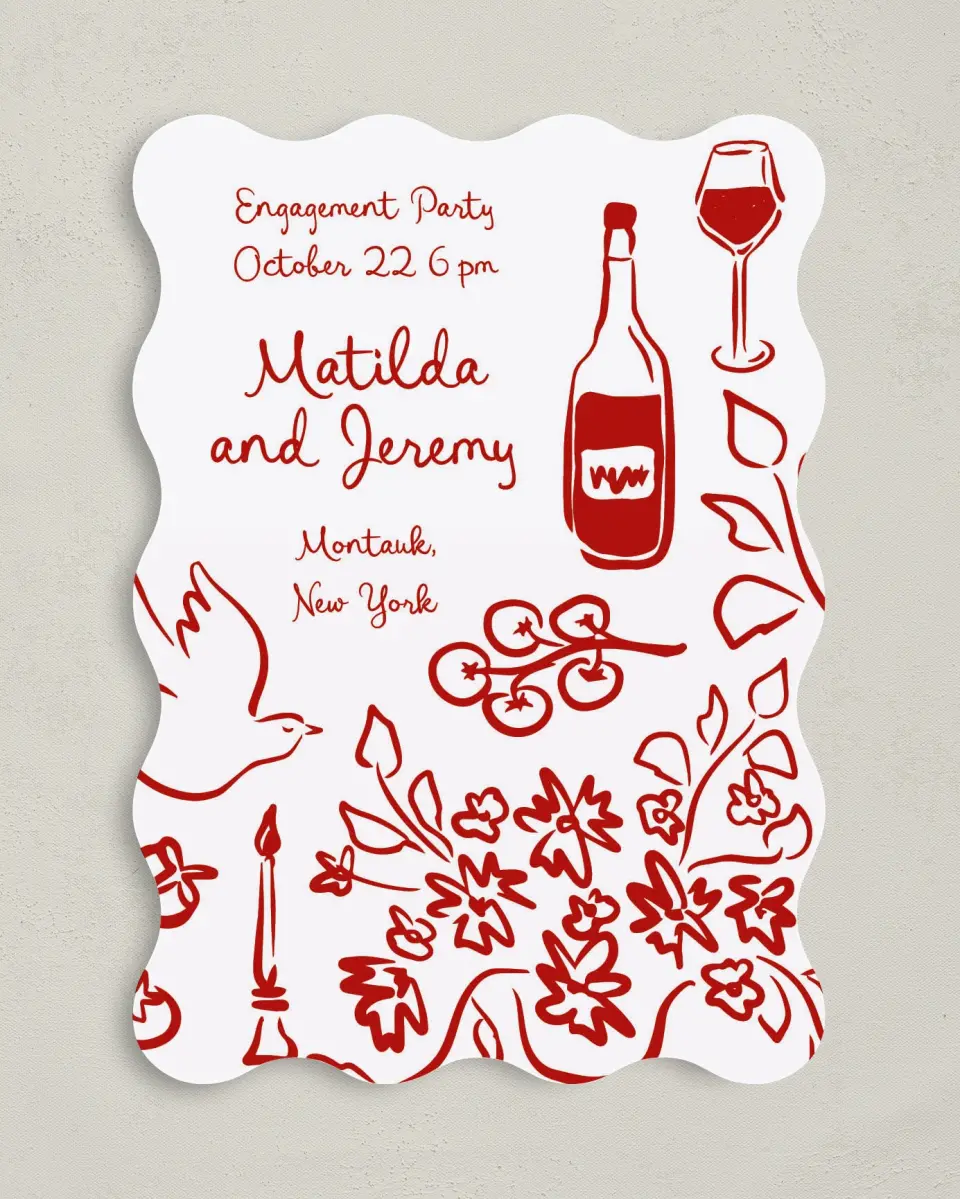 This is a 5" x 7" Wavy Wedding Invitation called Love Birds printed in full color on Premium Smooth paper