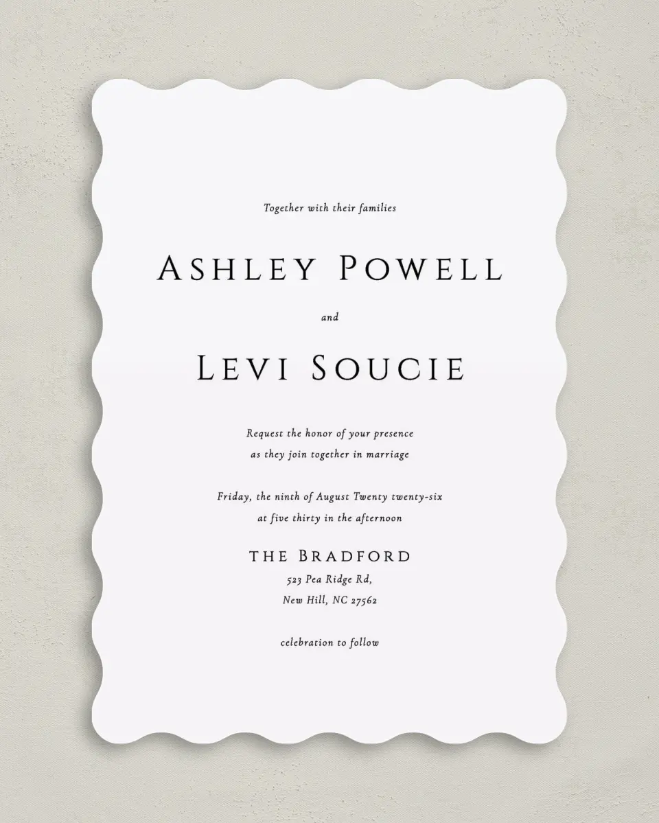 This is a 5" x 7" Wavy Wedding Invitation called Classic Romance printed in full color on Premium Smooth paper