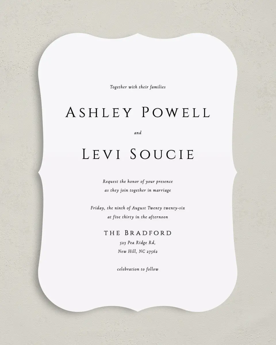 This is a 5" x 7" Bracket Wedding Invitation called Classic Romance printed in full color with Silver foil on Luxe Satin (coated) paper