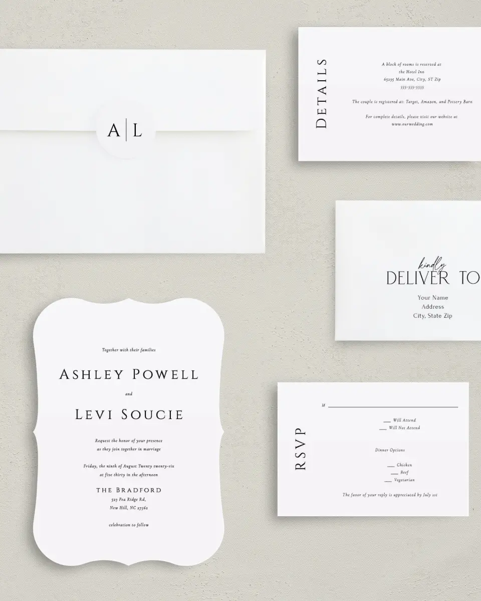 This is a 5" x 7" Bracket Wedding Invitation called Classic Romance printed in full color with Silver foil on Luxe Satin (coated) paper