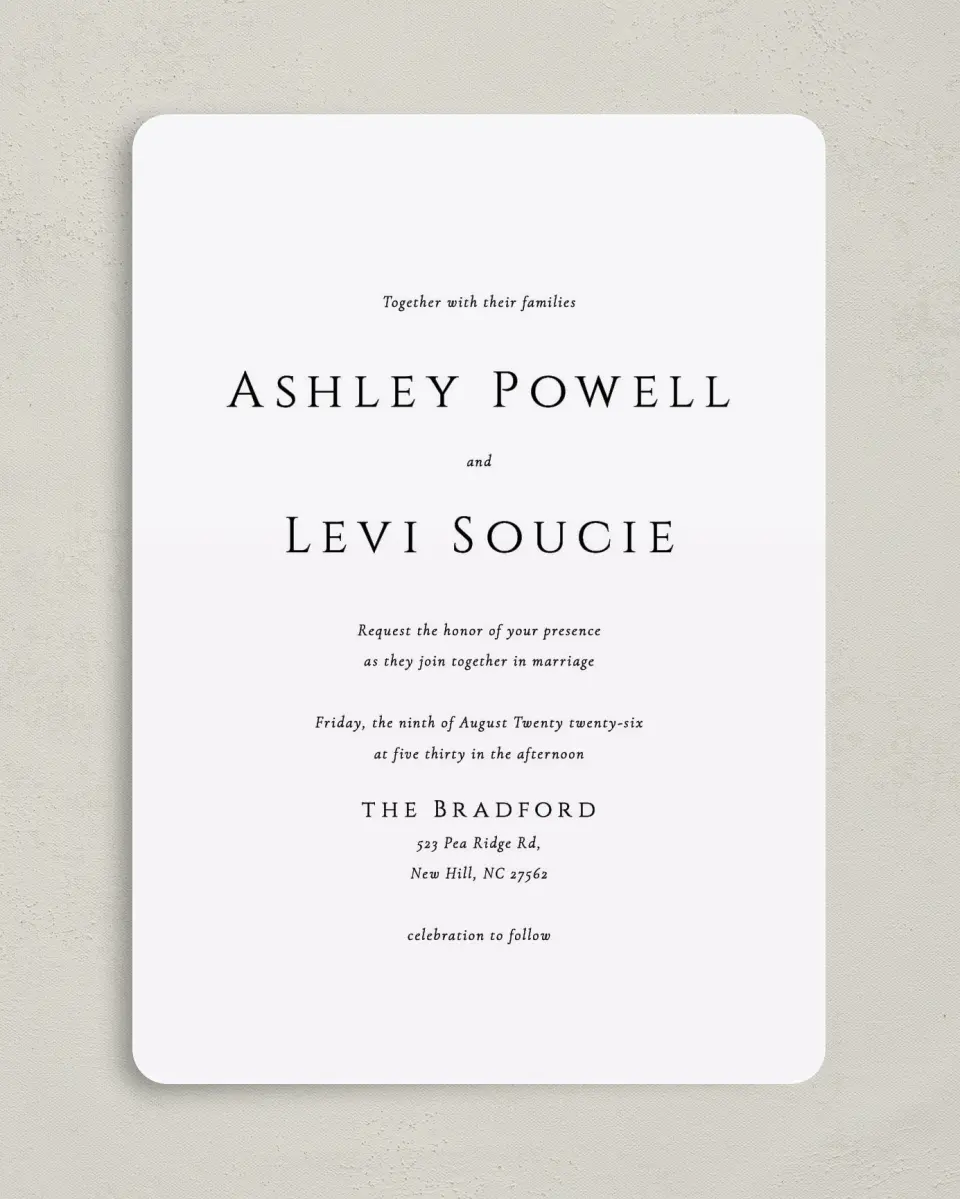 This is a 5" x 7" Rounded Wedding Invitation called Classic Romance printed in full color on Premium Smooth paper