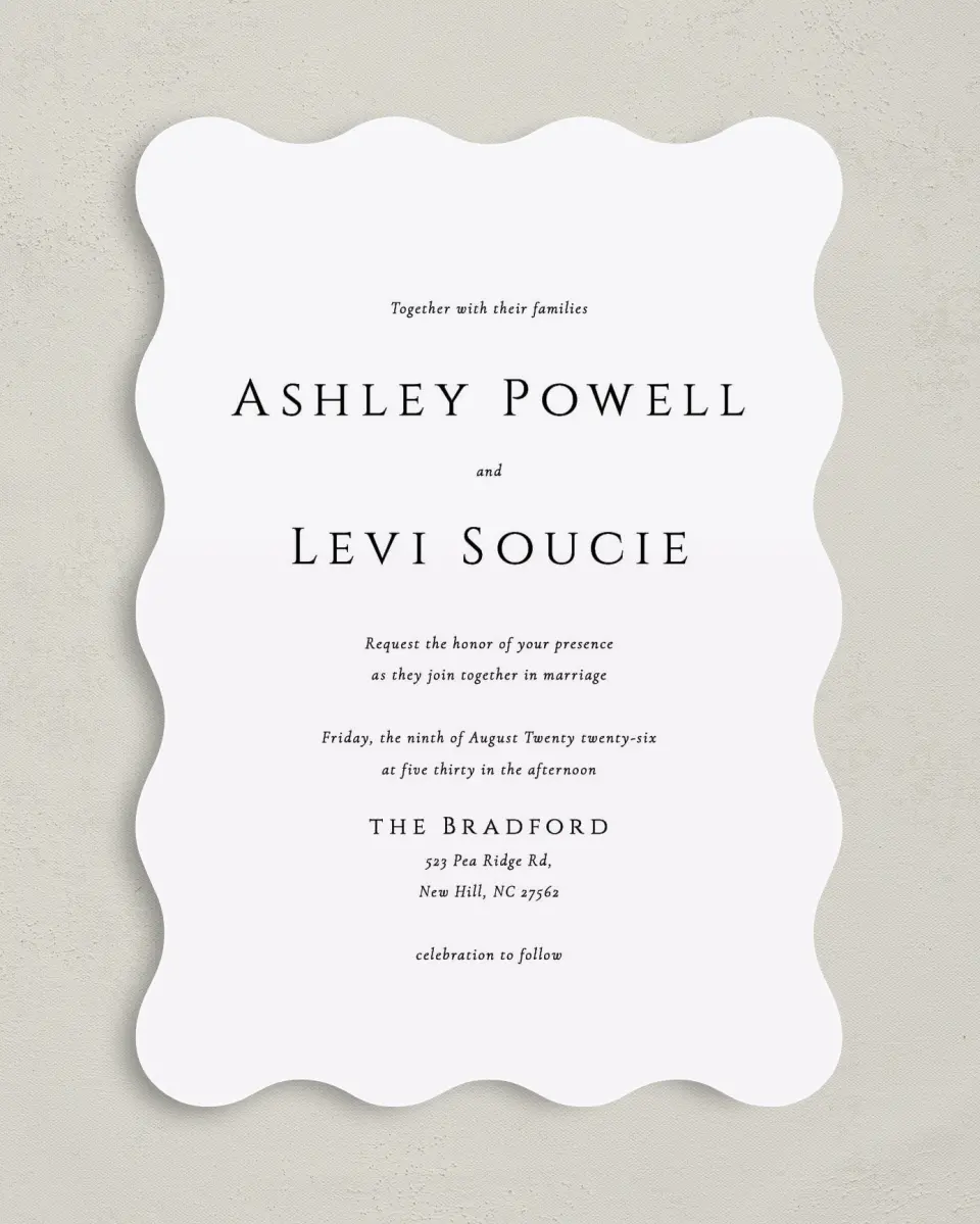 This is a 5" x 7" Wavy Wedding Invitation called Classic Romance printed in full color on Premium Smooth paper