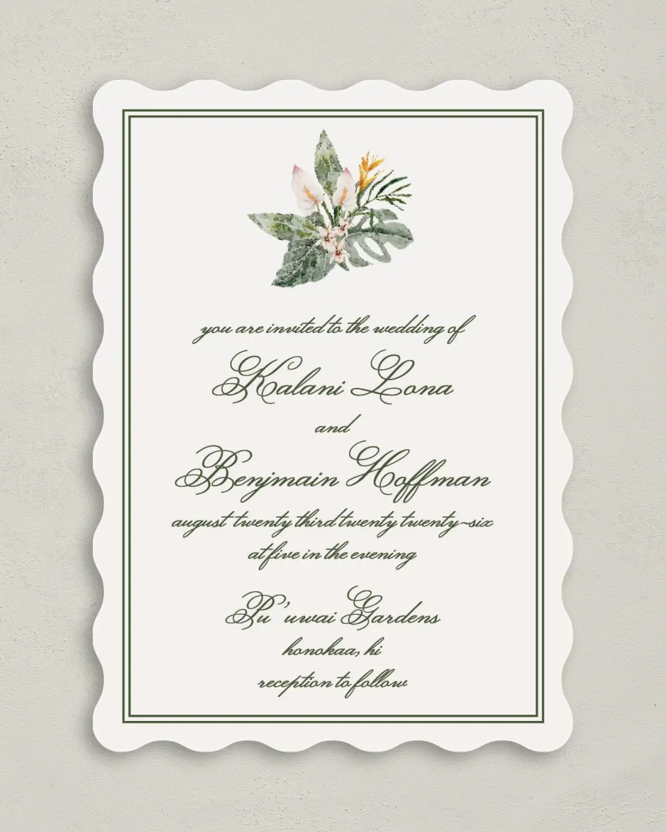 This is a 5" x 7" Wavy Wedding Invitation called Aloha Amore printed in full color on Premium Smooth paper