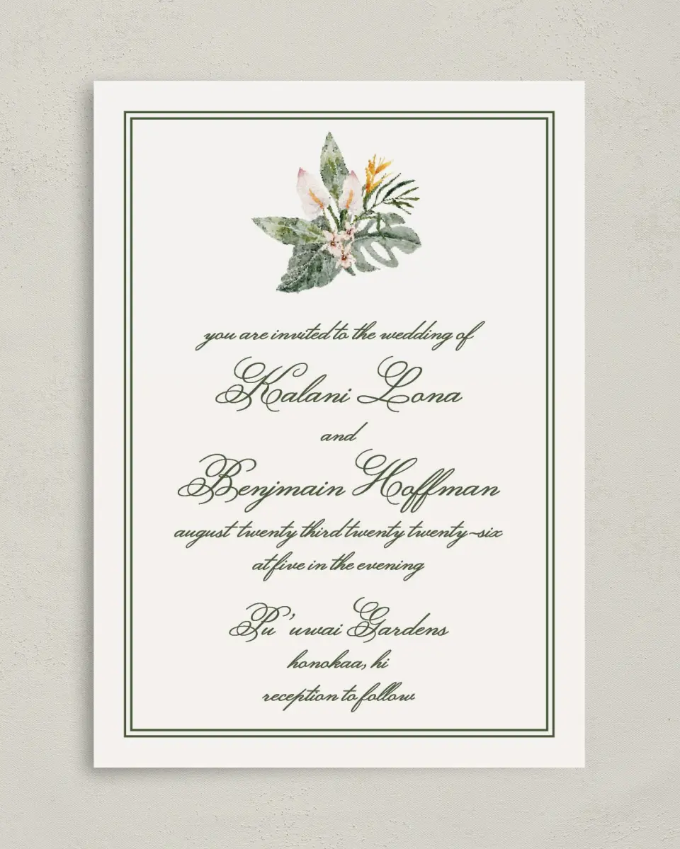 This is a 5" x 7" Classic Wedding Invitation called Aloha Amore printed in full color on Premium Smooth paper