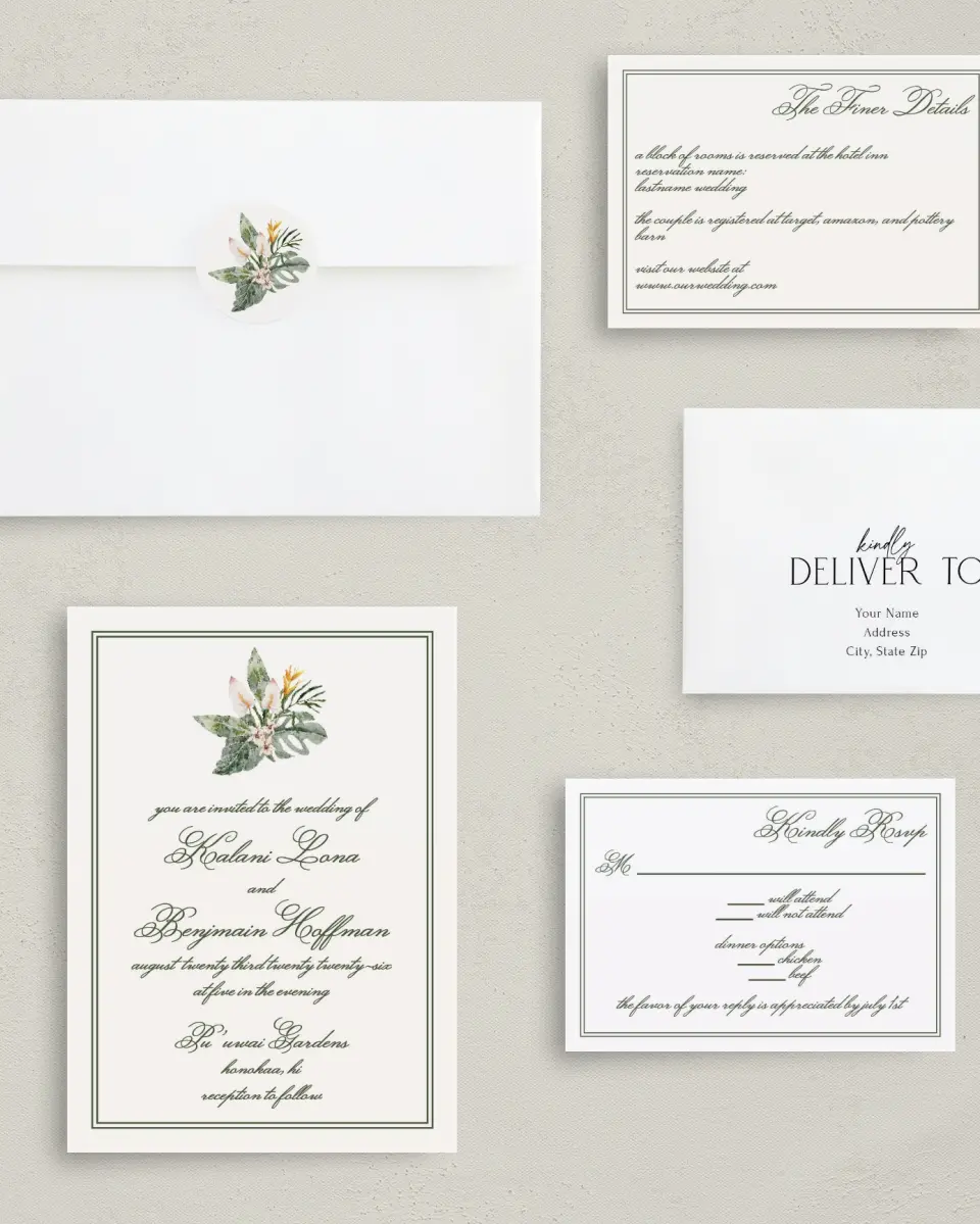 This is a 5" x 7" Classic Wedding Invitation called Aloha Amore printed in full color with Rose Gold foil on Luxe Satin (coated) paper