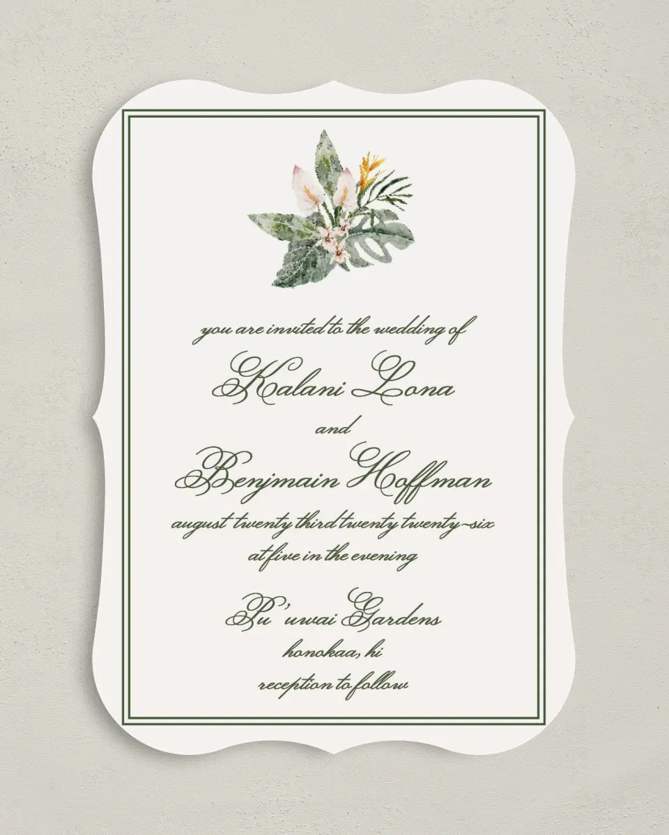 This is a 5" x 7" Bracket Wedding Invitation called Aloha Amore printed in full color on Premium Smooth paper