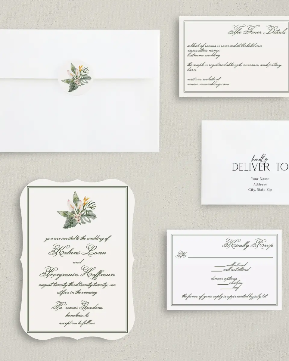 This is a 5" x 7" Bracket Wedding Invitation called Aloha Amore printed in full color with Silver foil on Luxe Satin (coated) paper