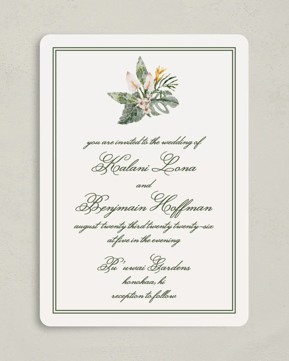 This is a 5" x 7" Rounded Wedding Invitation called Aloha Amore printed in full color on Premium Smooth paper