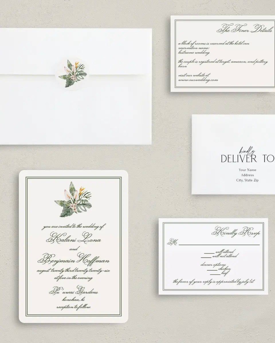 This is a 5" x 7" Rounded Wedding Invitation called Aloha Amore printed in full color with Rose Gold foil on Luxe Satin (coated) paper