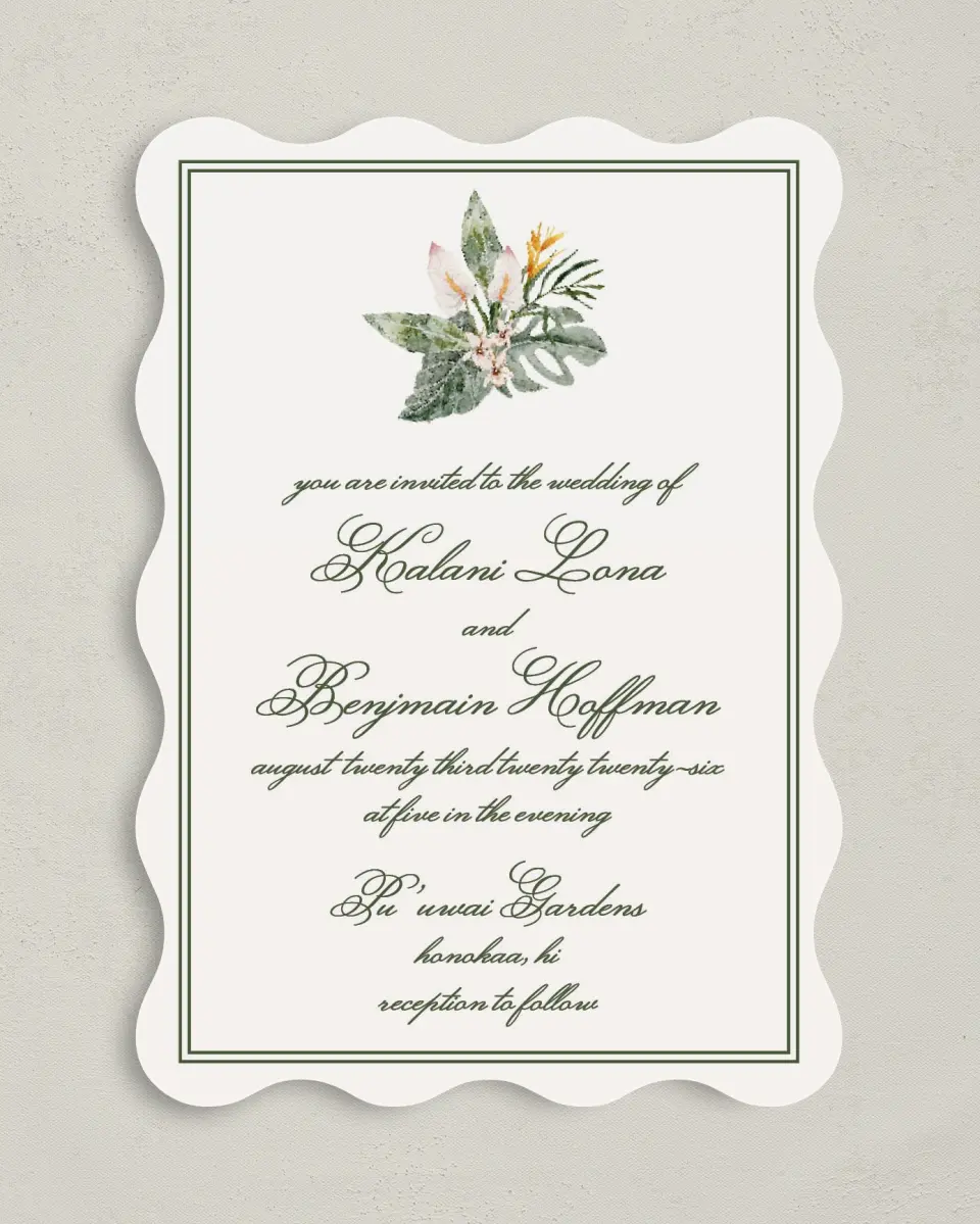 This is a 5" x 7" Wavy Wedding Invitation called Aloha Amore printed in full color on Premium Smooth paper