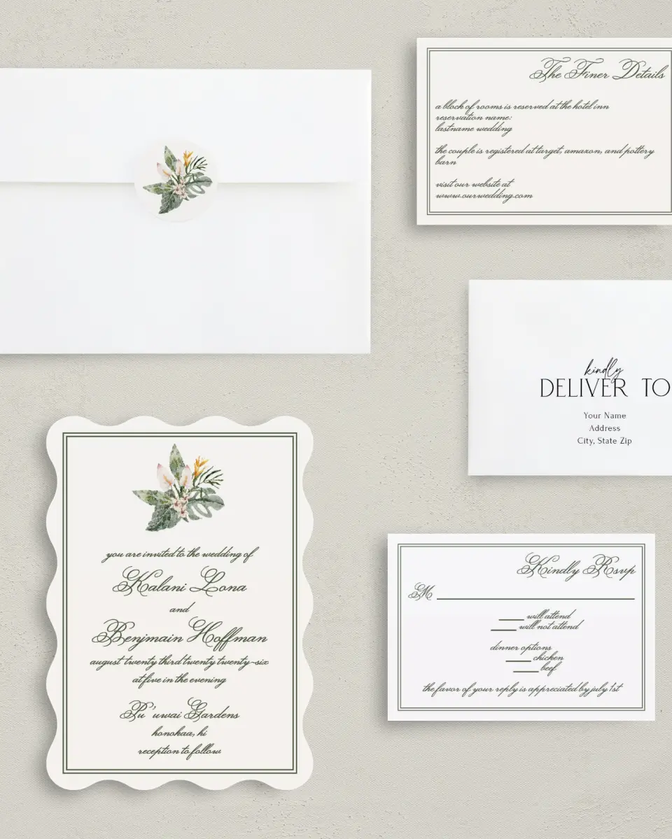 This is a 5" x 7" Wavy Wedding Invitation called Aloha Amore printed in full color with Silver foil on Luxe Satin (coated) paper