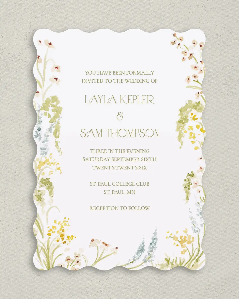 This is a 5" x 7" Wavy Wedding Invitation called Forever in Bloom printed in full color on Premium Smooth paper