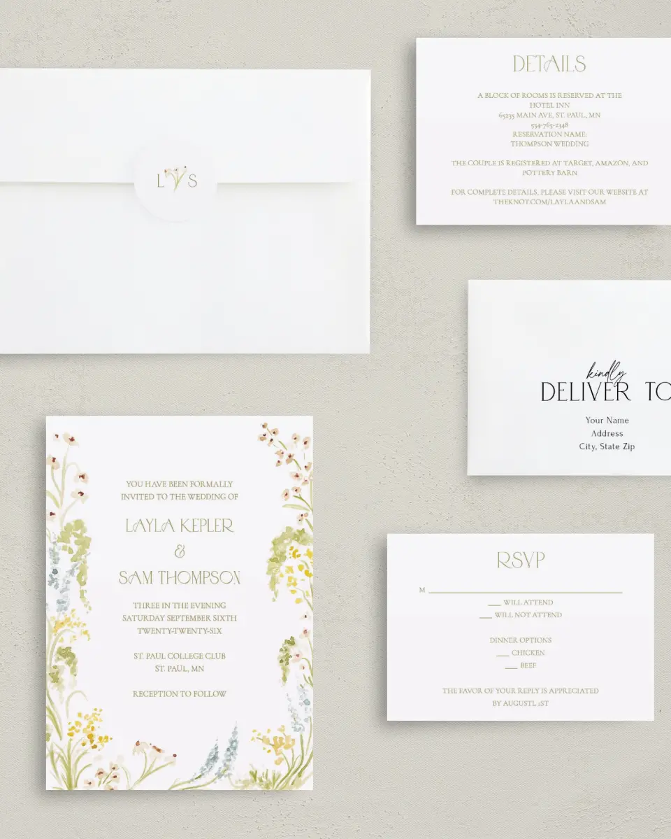 This is a 5" x 7" Classic Wedding Invitation called Forever in Bloom printed in full color on Premium Smooth paper
